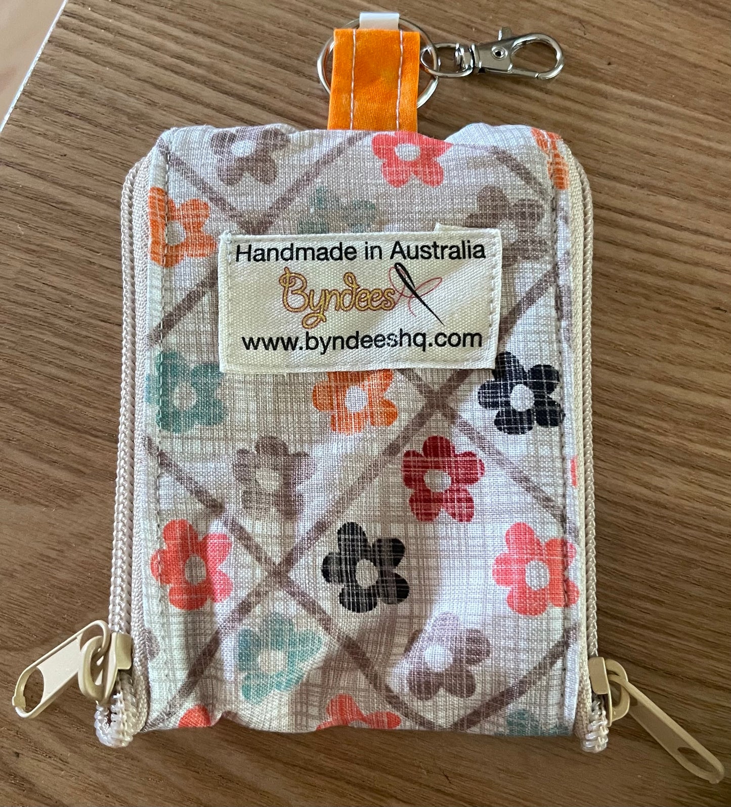 2 Pocket Zipper Keychain Purse - Autumn, Cherries & Blue Pattern