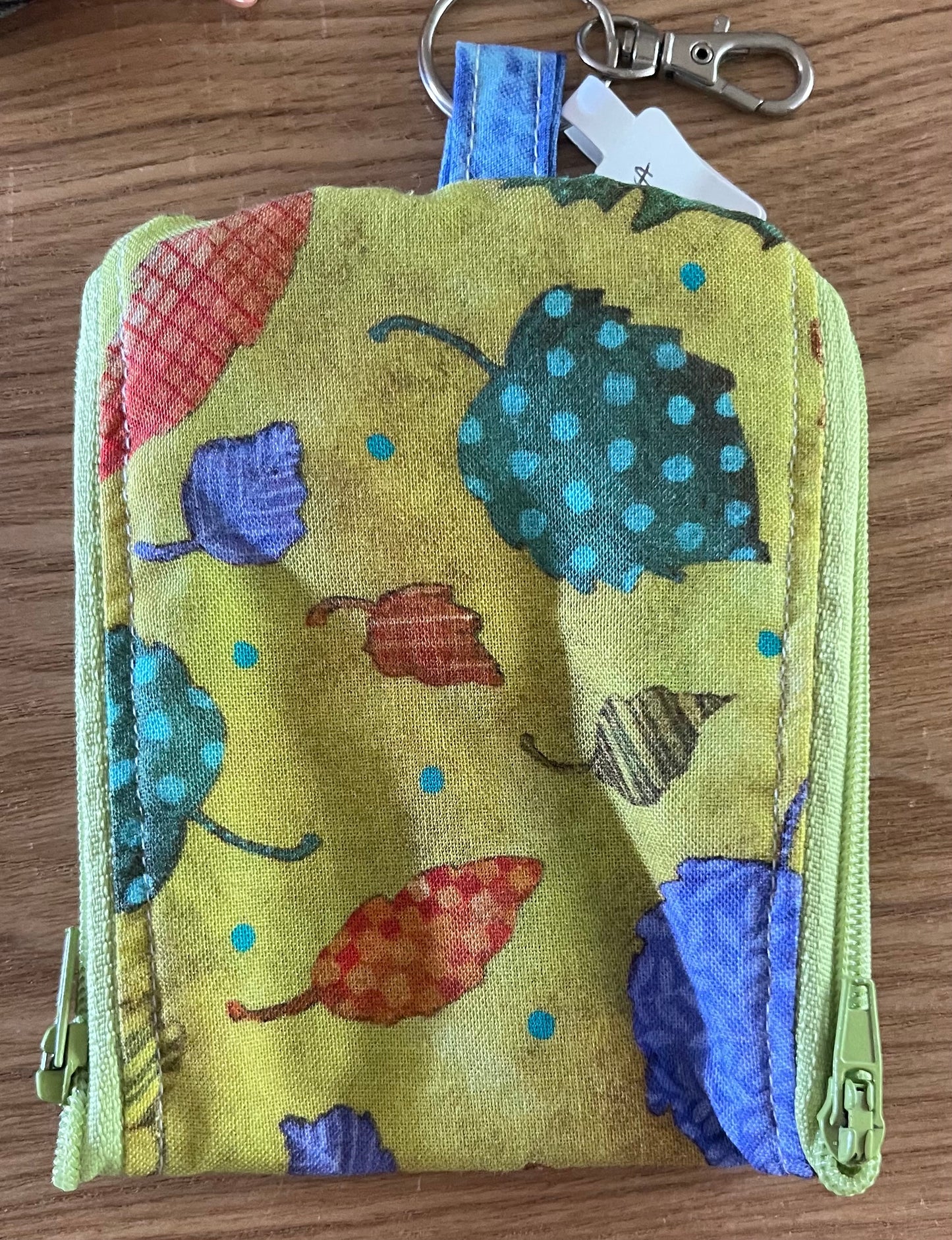 2 Pocket Zipper Keychain Purse - Autumn, Cherries & Blue Pattern