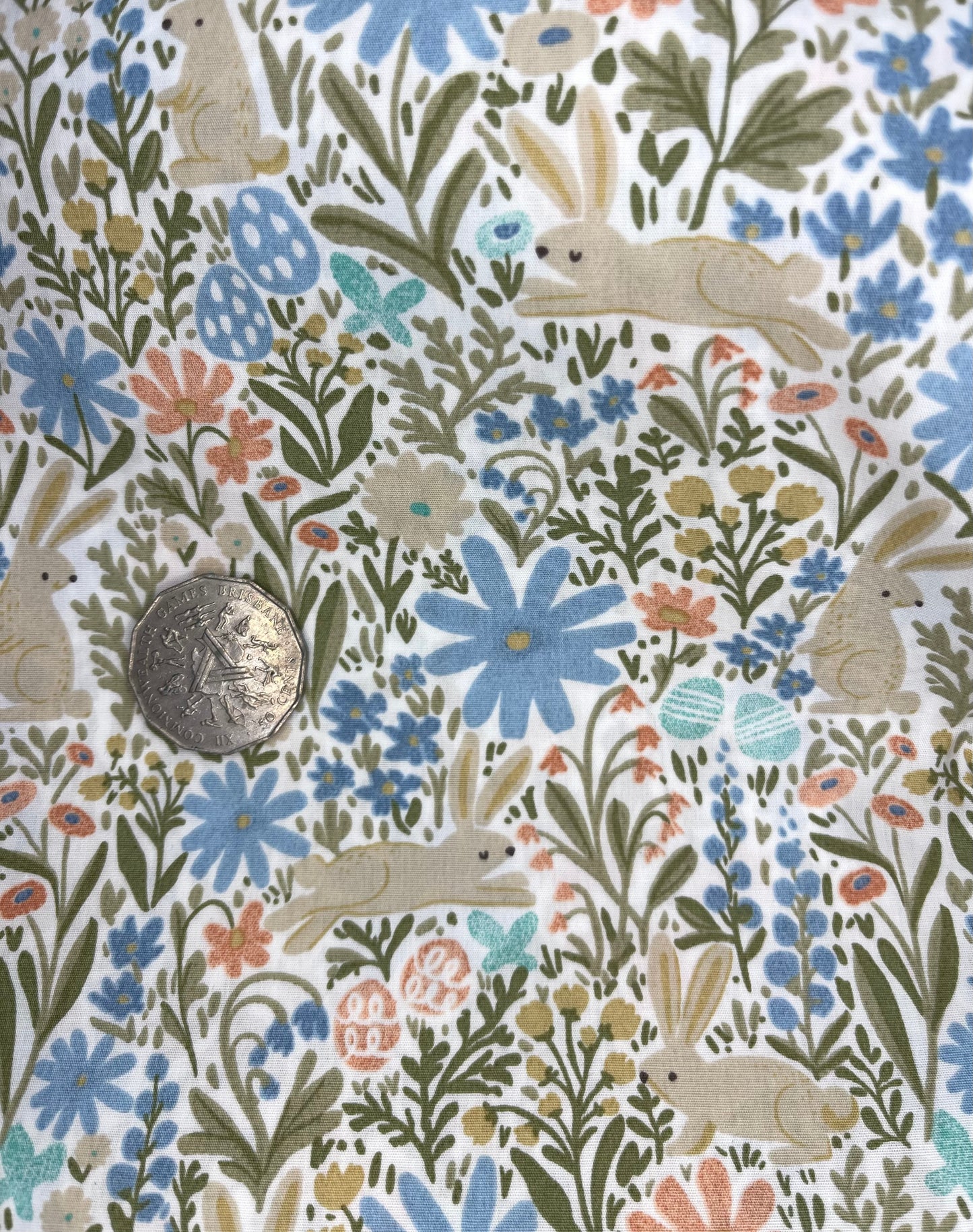 Rabbits and Flowers Blue & Green Tone on White