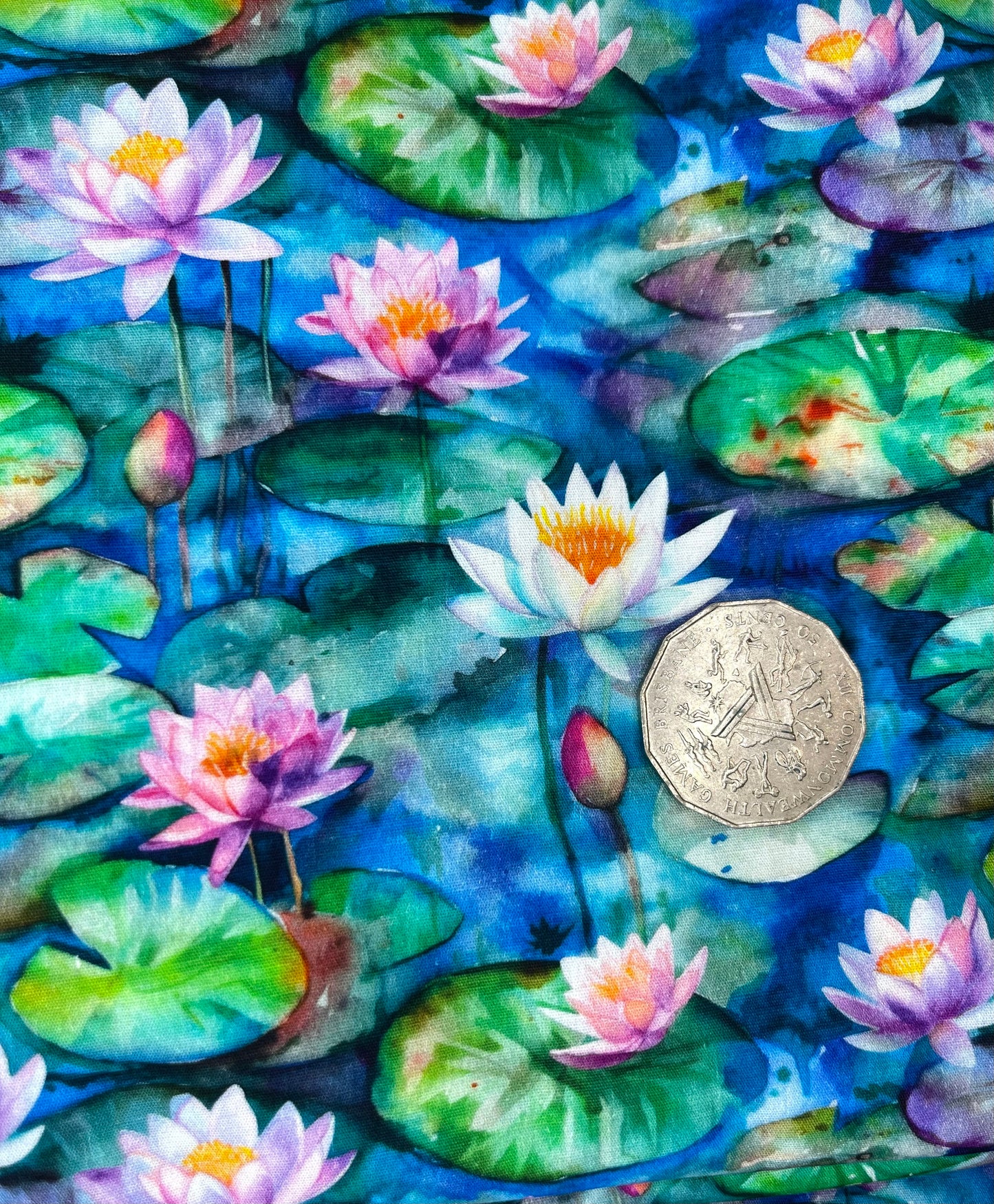 Lilypads and Flowers on Blues & Green