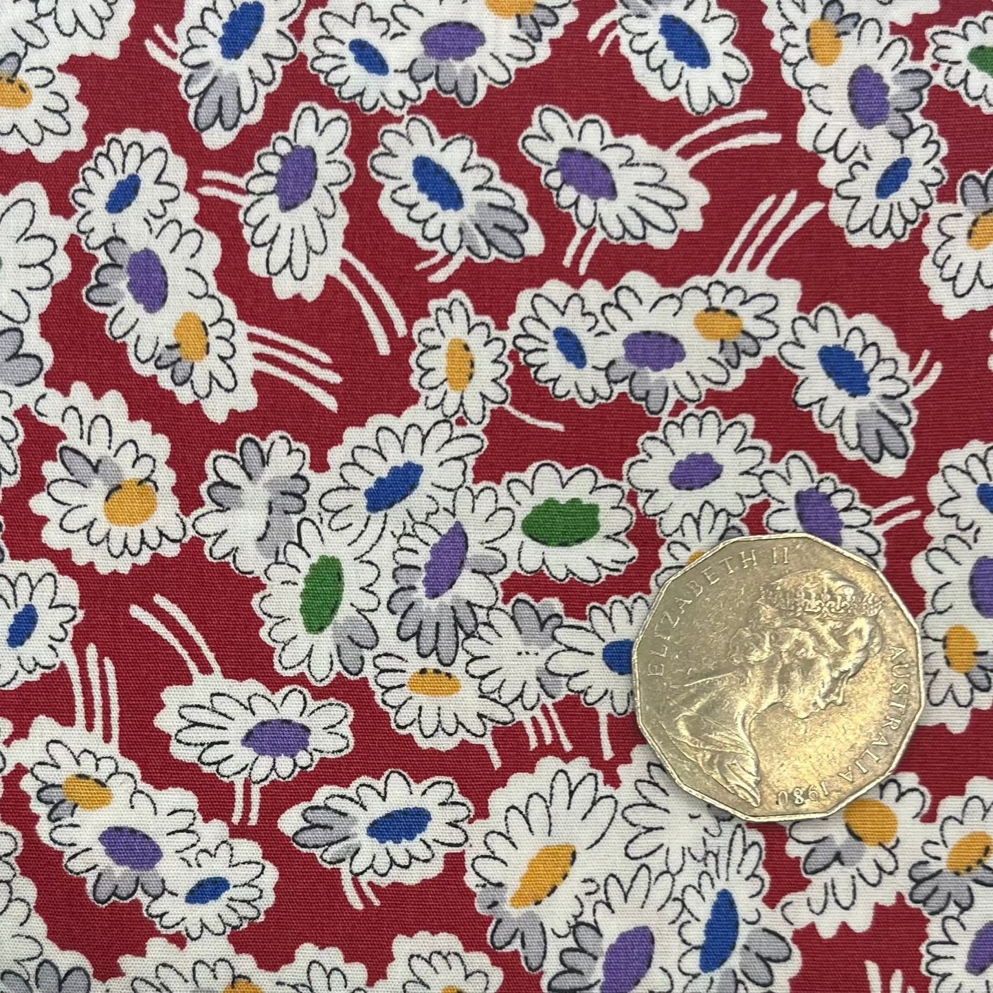 Red with Coloured Cartoon Flowers