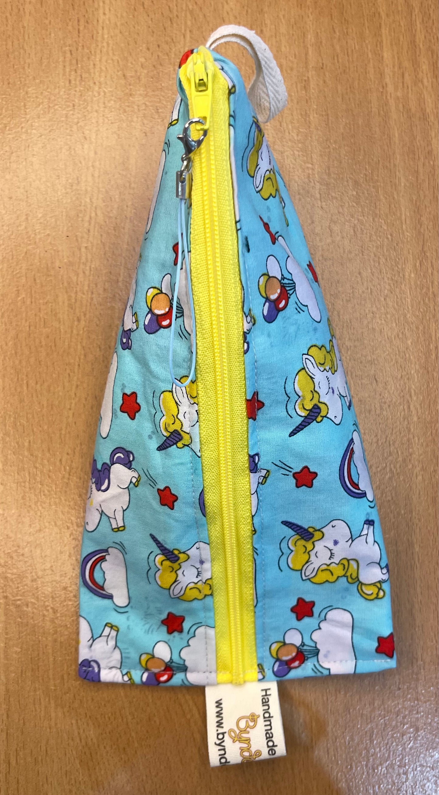 Triangle Pencil Case - Unicorns on Blue