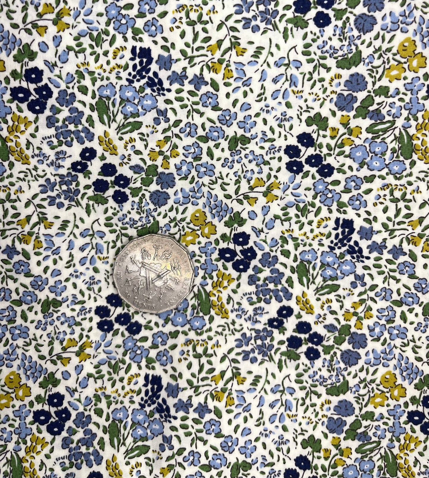 Small Blue & Green Flowers on White