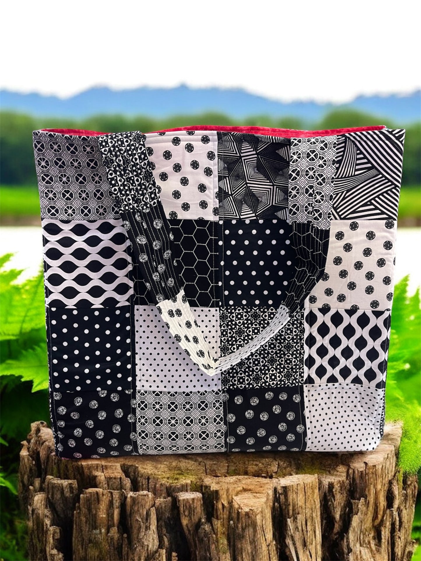 Everything Bag - Black & Whites with Red Lining
