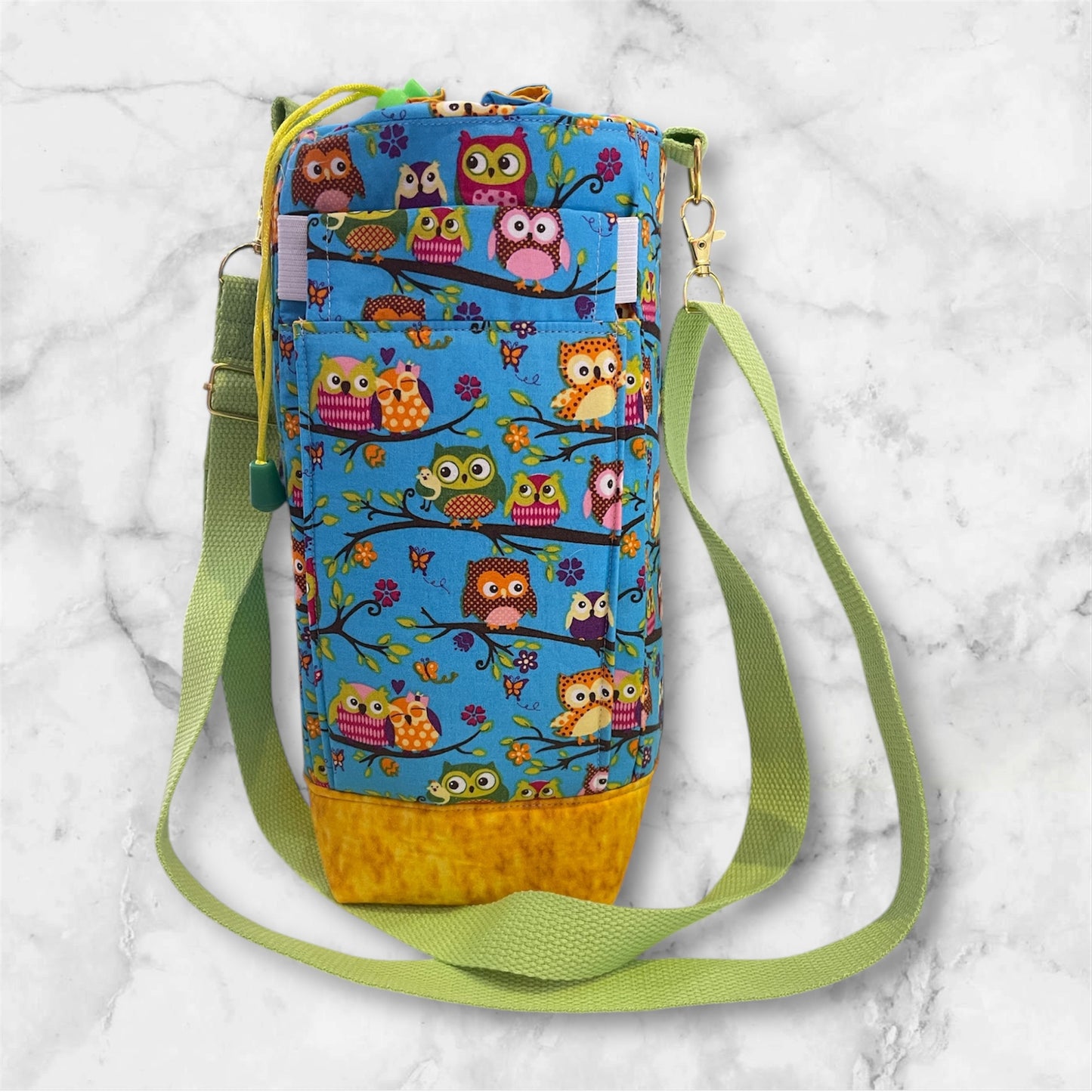 Water Bottle, Phone & Wallet Bag - Owls on Blue with Yellow Lining