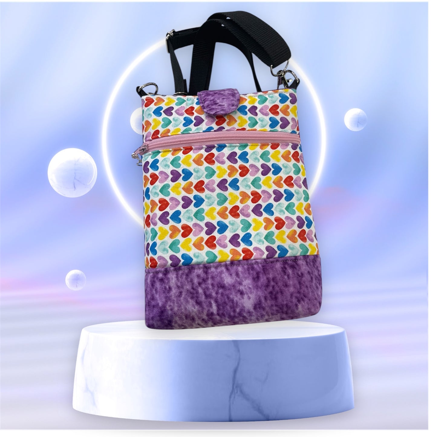 Mobile Phone & Wallet Bag - Colourful Hearts w Lilac Lining