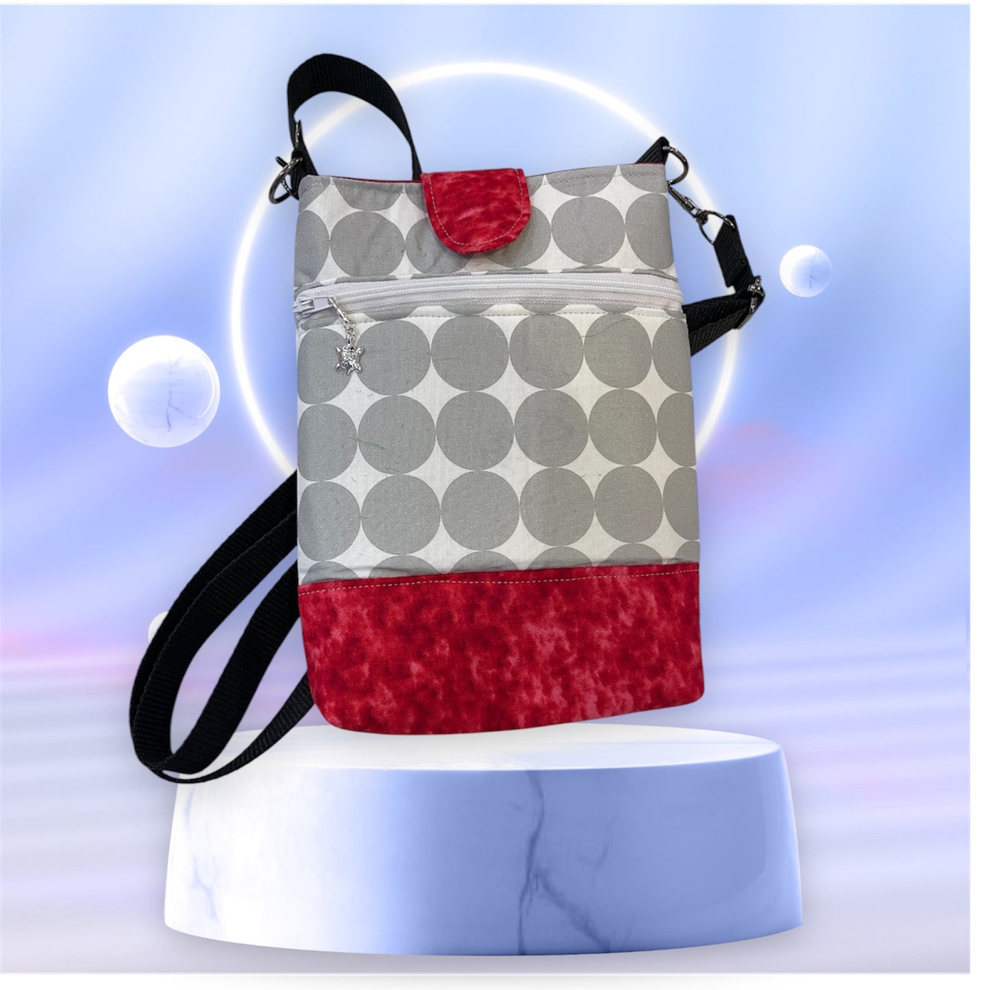 Mobile Phone & Wallet Bag - Silver Dots on White w Red Linin