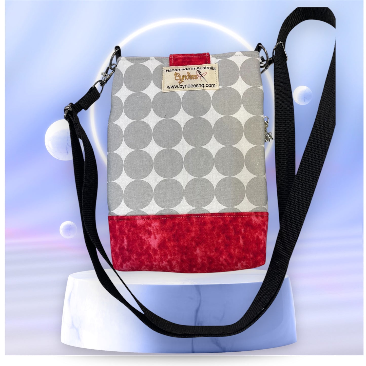 Mobile Phone & Wallet Bag - Silver Dots on White w Red Lining