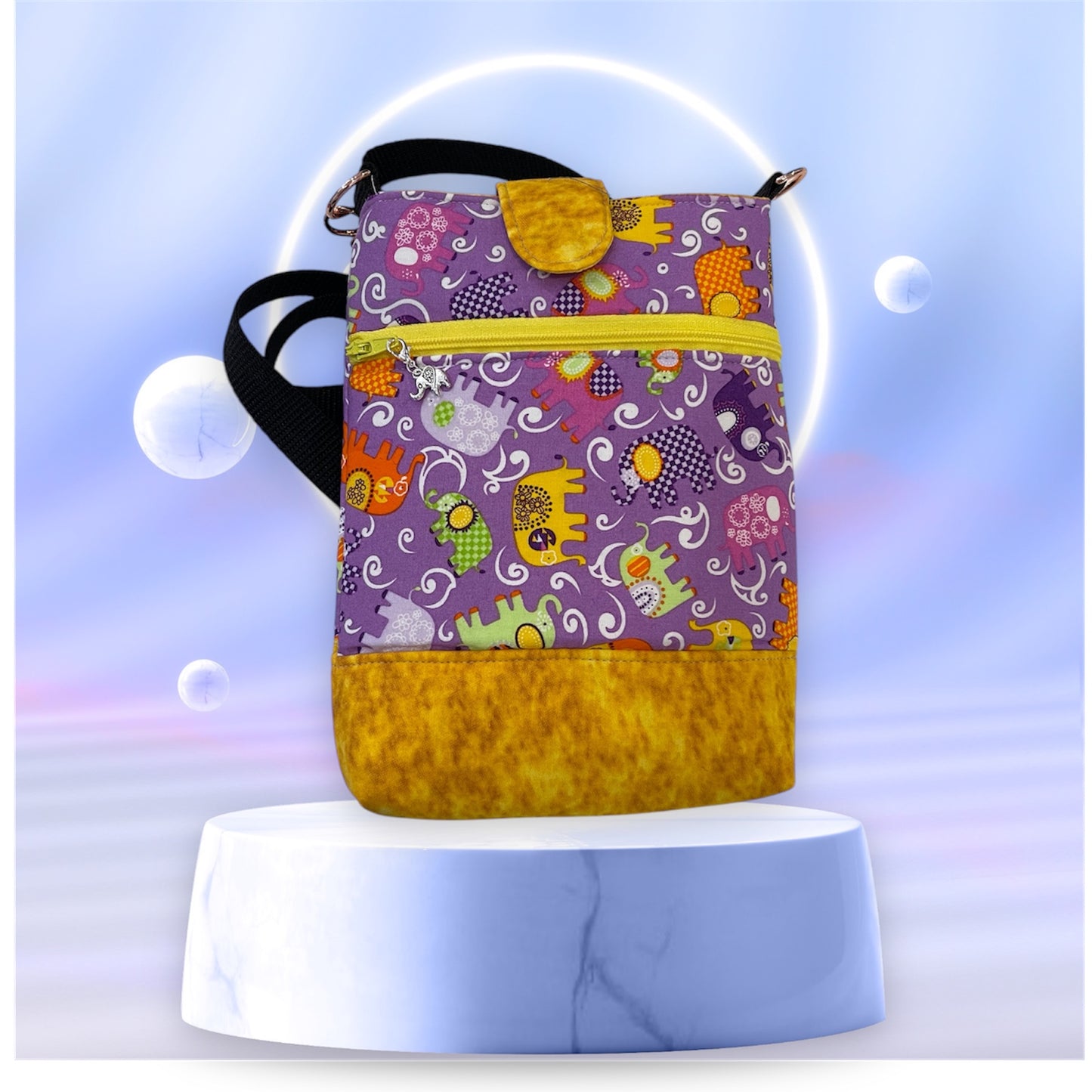 Mobile Phone & Wallet Bag - Elephants on Purple w Yellow Lining