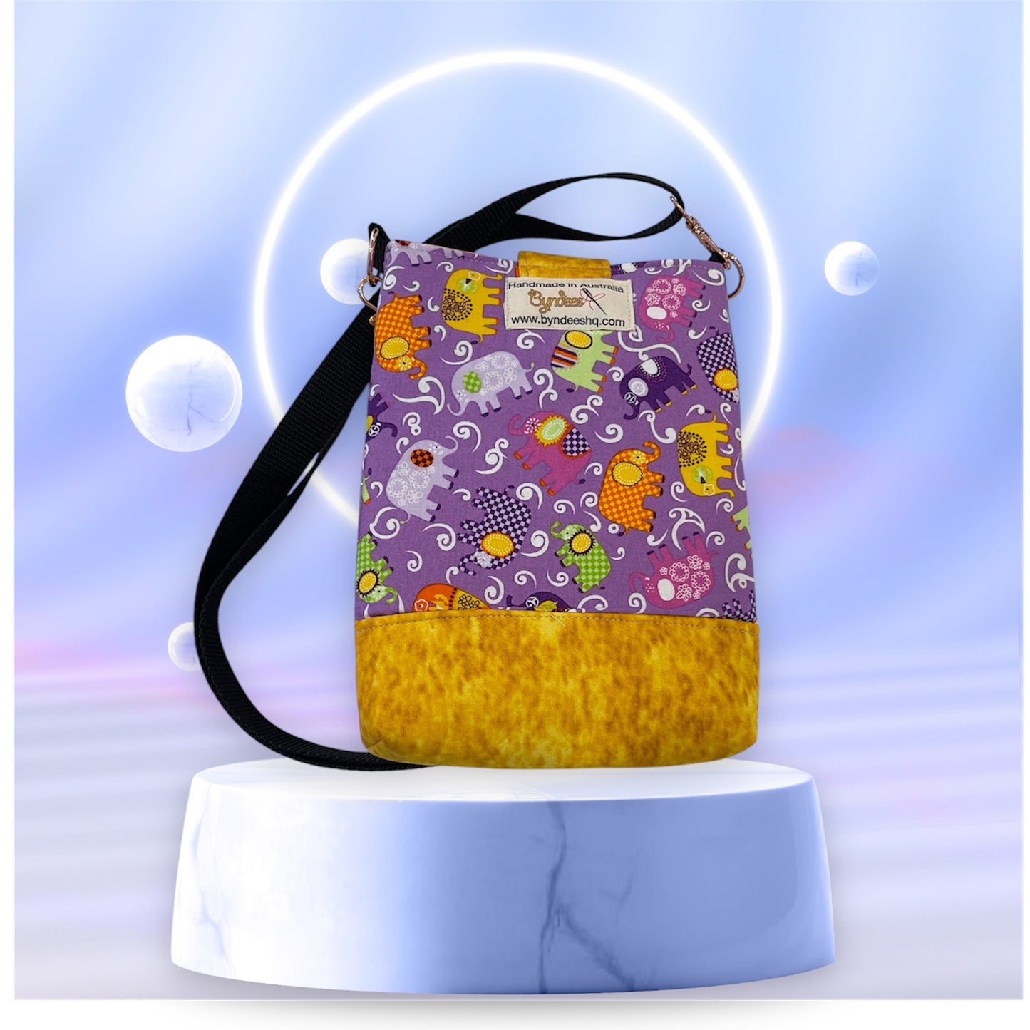 Mobile Phone & Wallet Bag - Elephants on Purple w Yellow Lining