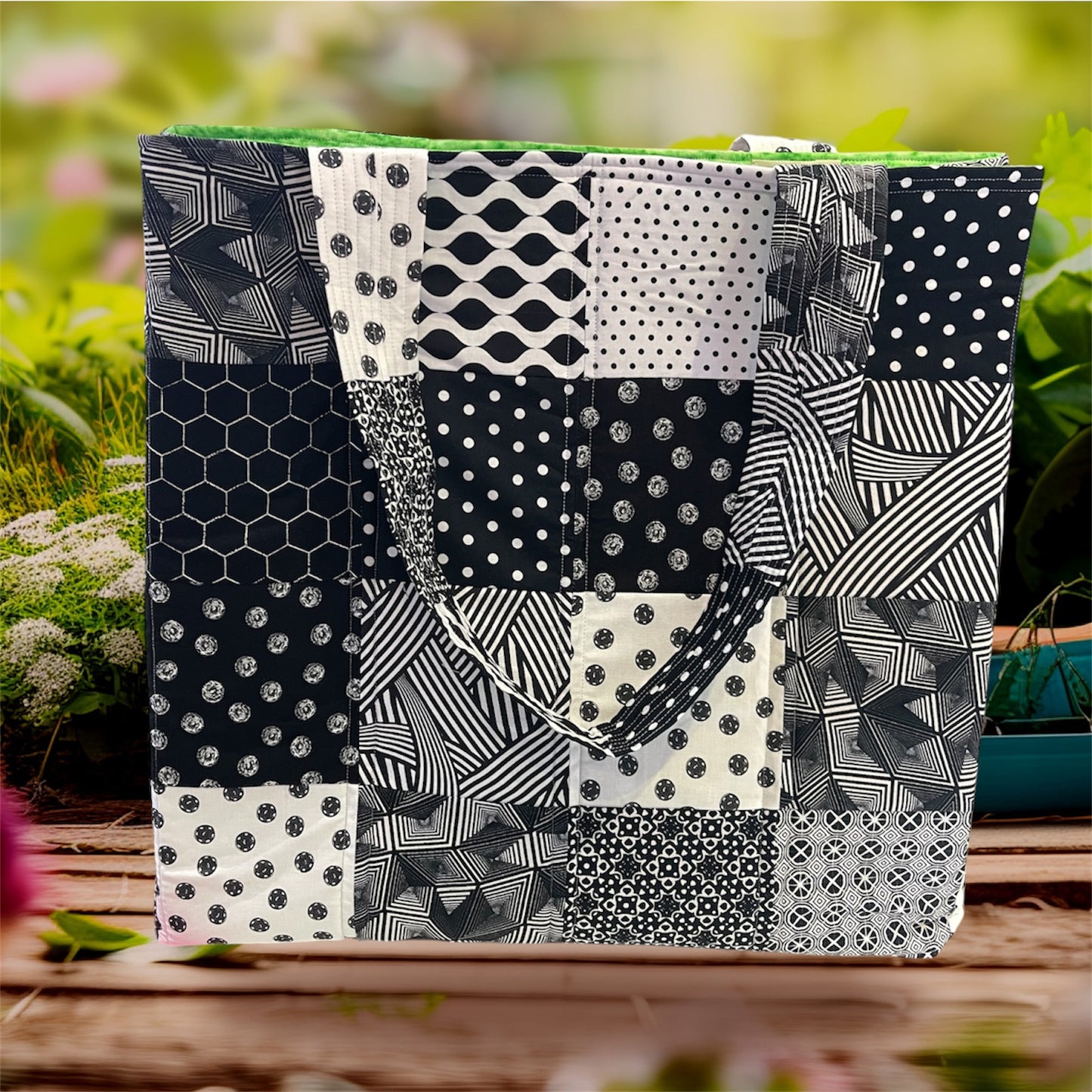 Everything Bag - Black & White with Green Lining