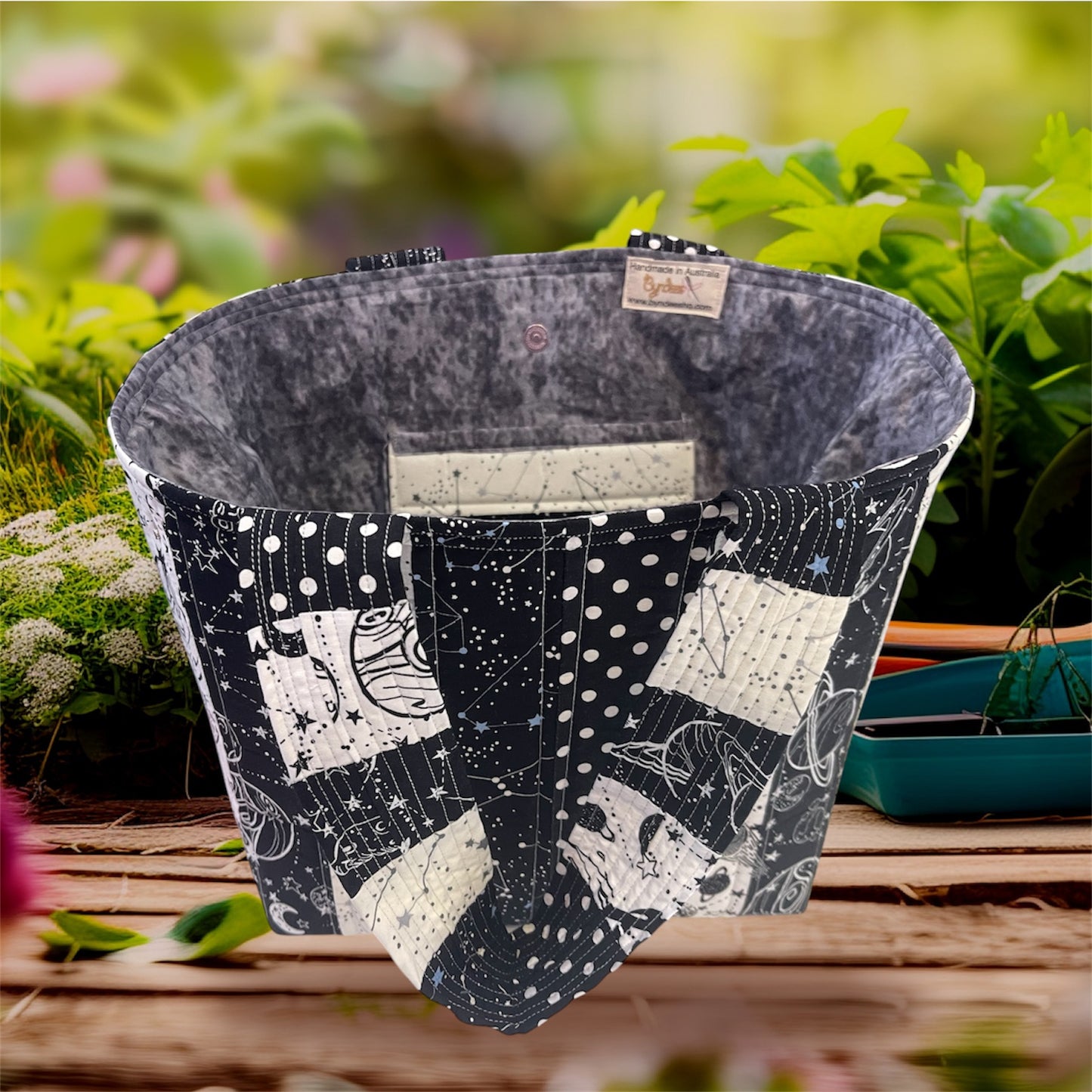 Totally Fun Bag - Black & White Universe Fabric with Grey Lining