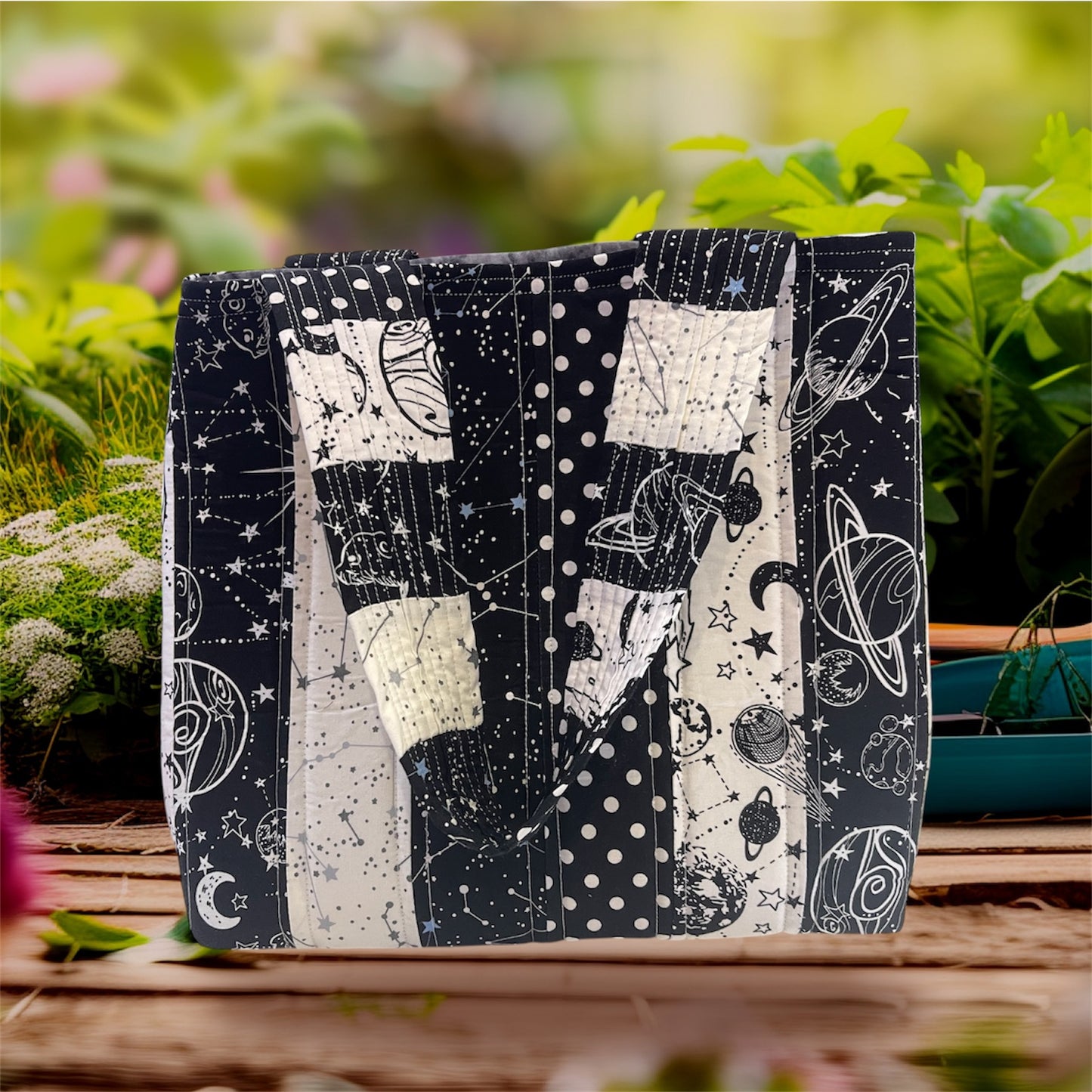 Totally Fun Bag - Black & White Universe Fabric with Grey Lining