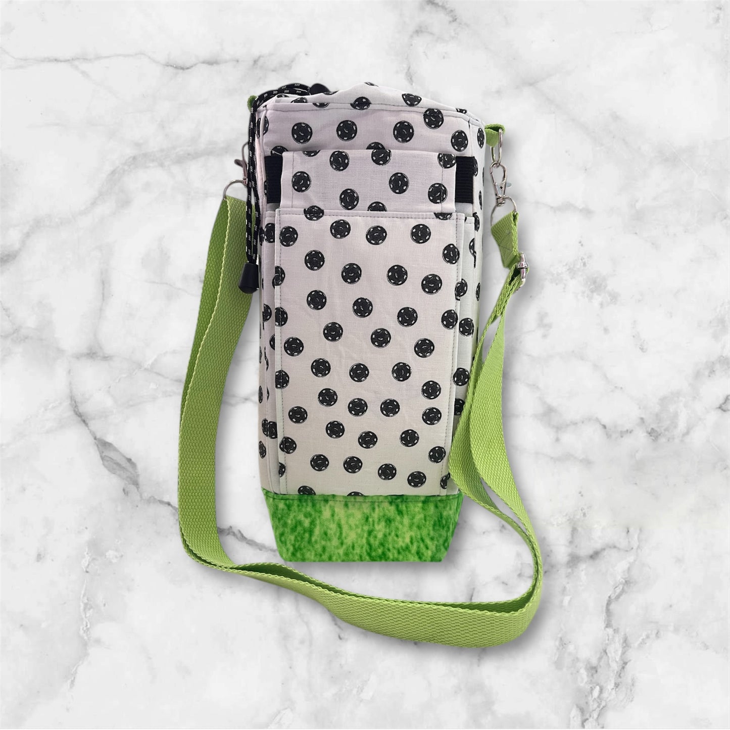 Water Bottle, Phone & Wallet Bag - White with Black Buttons with Green Lining