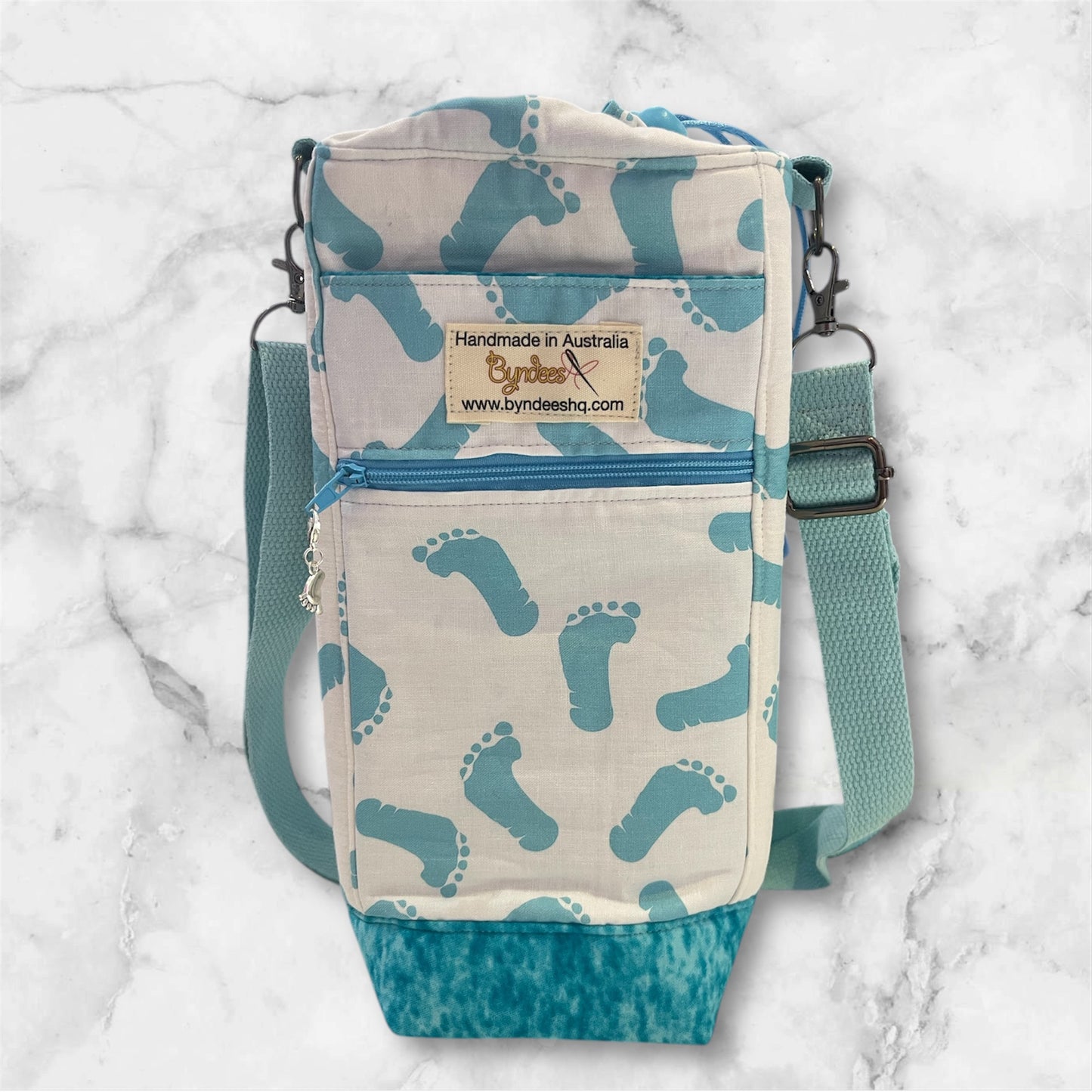Water Bottle, Phone & Wallet Bag - Blue Footprints with Lite Blue Lining