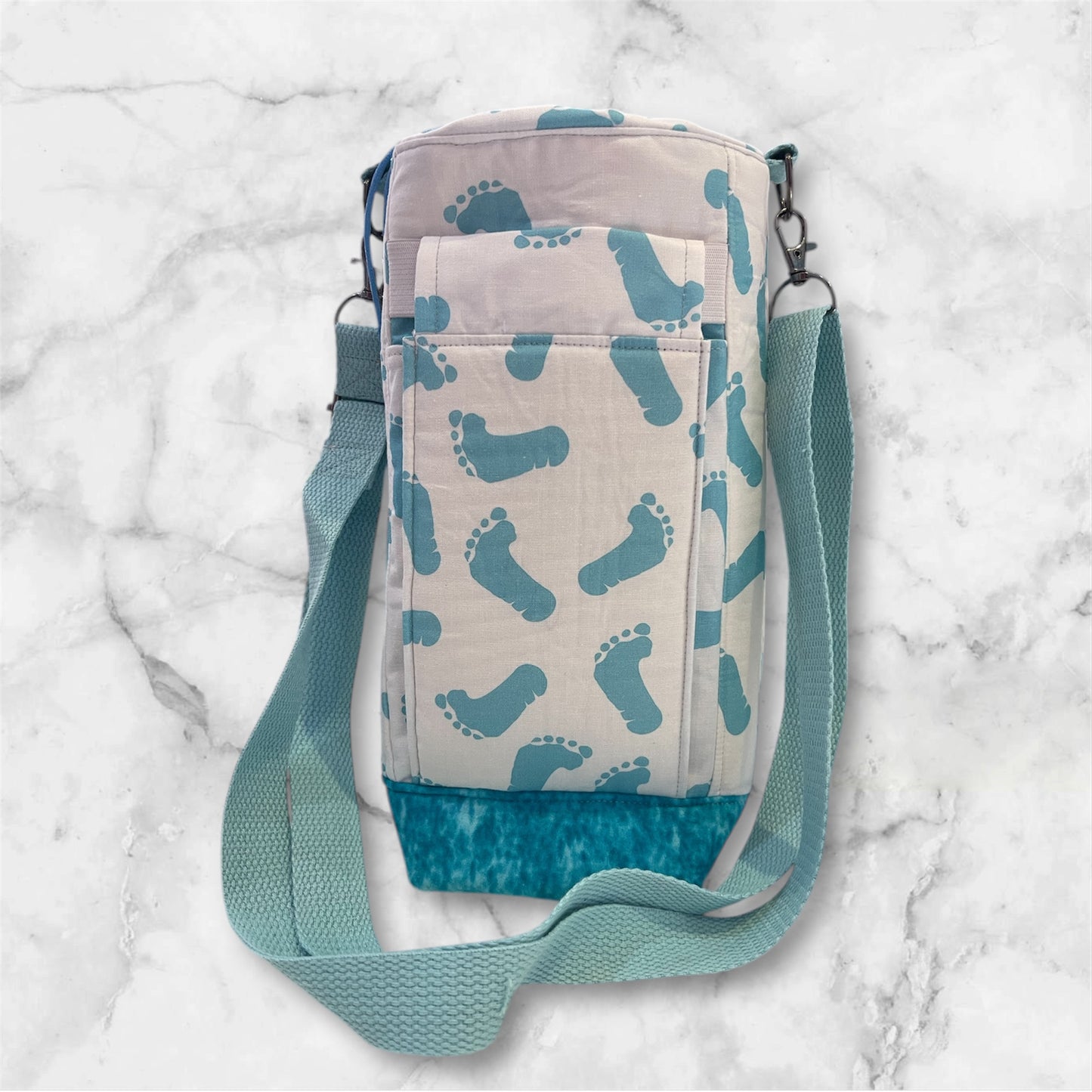 Water Bottle, Phone & Wallet Bag - Blue Footprints with Lite Blue Lining