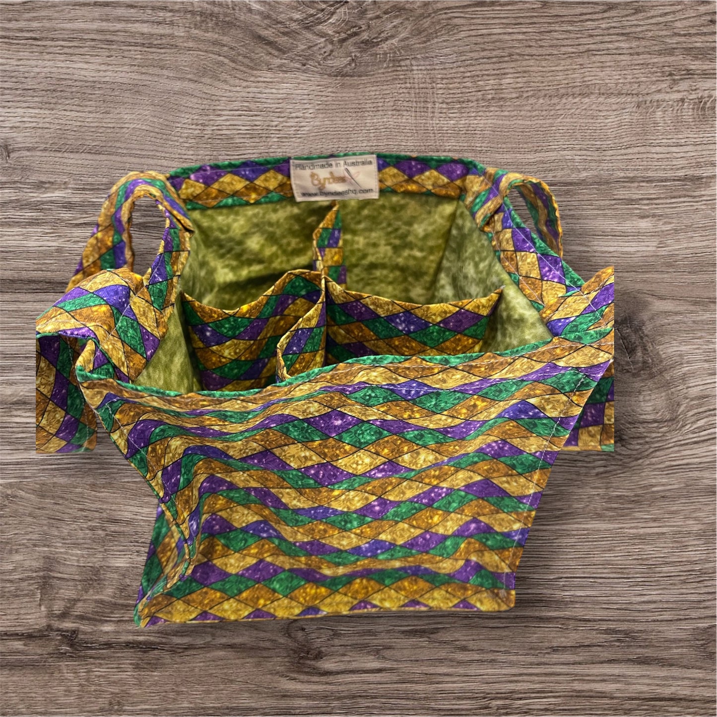 4 Cup Coffee Cup Caddy - Harlequin Pattern with Olive Lining