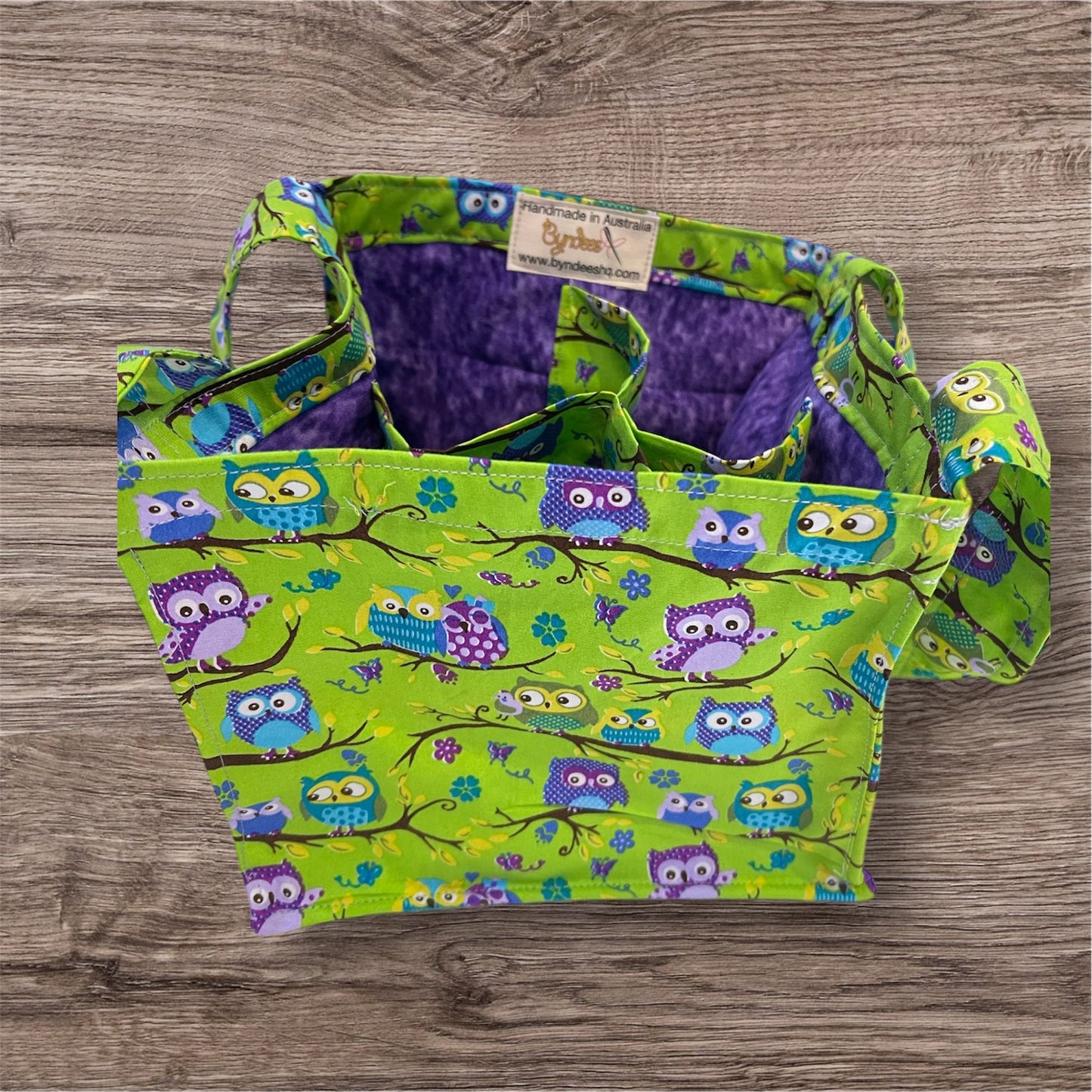 4 Cup Coffee Cup Caddy - Owls on Green with Purple Lining