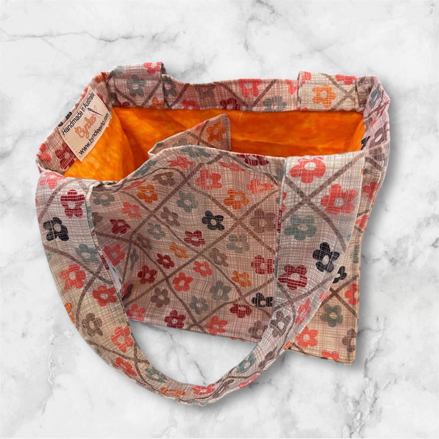 2 Cup Coffee Cup Caddy - Orange Flowers on Beige w Orange Lining