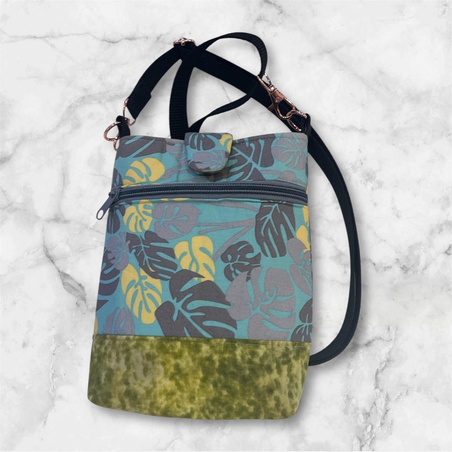 Mobile Phone & Wallet Bag - Leaves Yellow & Grey onGreen w Olive Lining