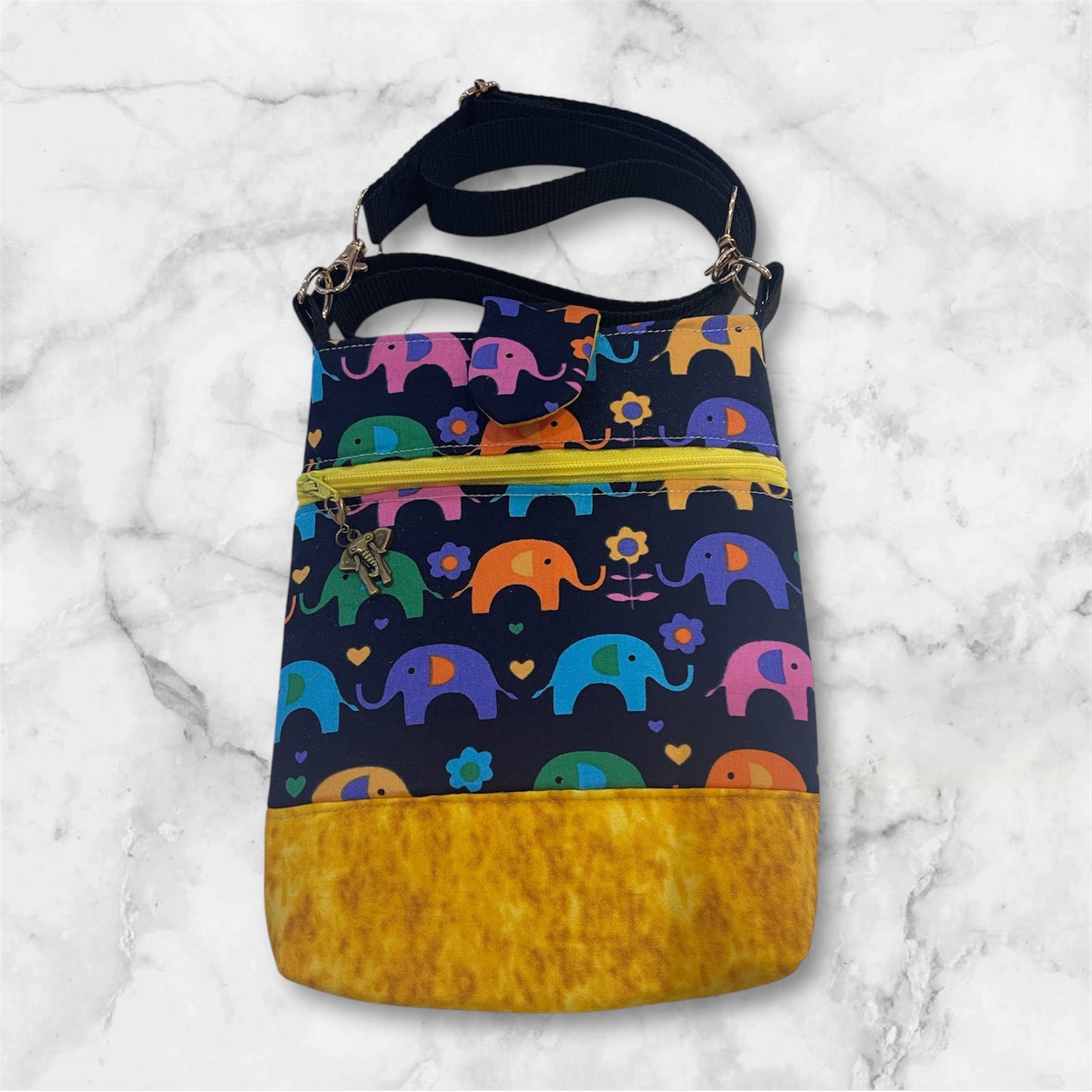 Mobile Phone & Wallet Bag - Colourful Elephants w Yellow Lining