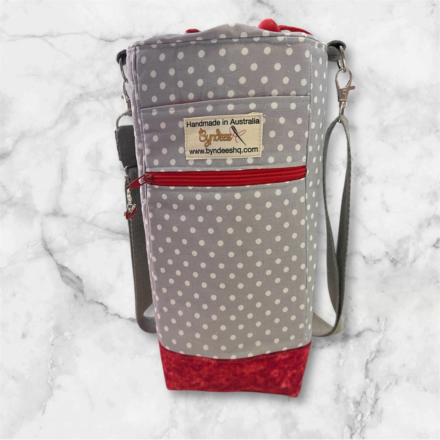 Water Bottle, Phone & Wallet Bag - Grey with White Dots with Red Lining