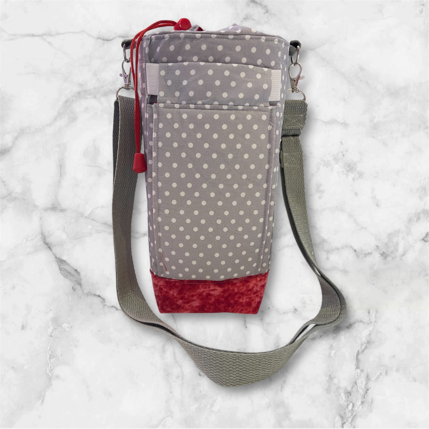 Water Bottle, Phone & Wallet Bag - Grey with White Dots with Red Lining