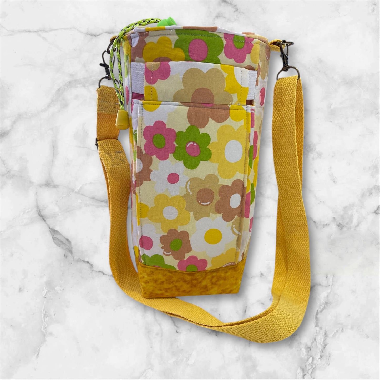 Water Bottle, Phone & Wallet Bag - Retro Flowers with Yellow Lining
