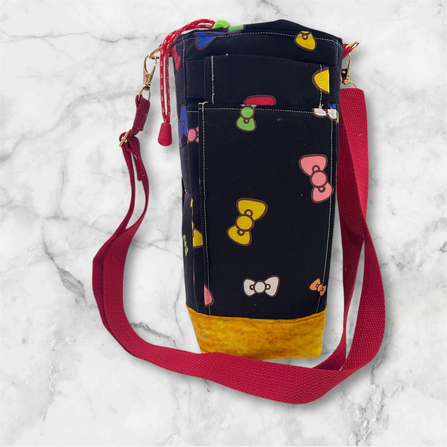 Water Bottle, Phone & Wallet Bag - Bright Bows on Black with Yellow Lining