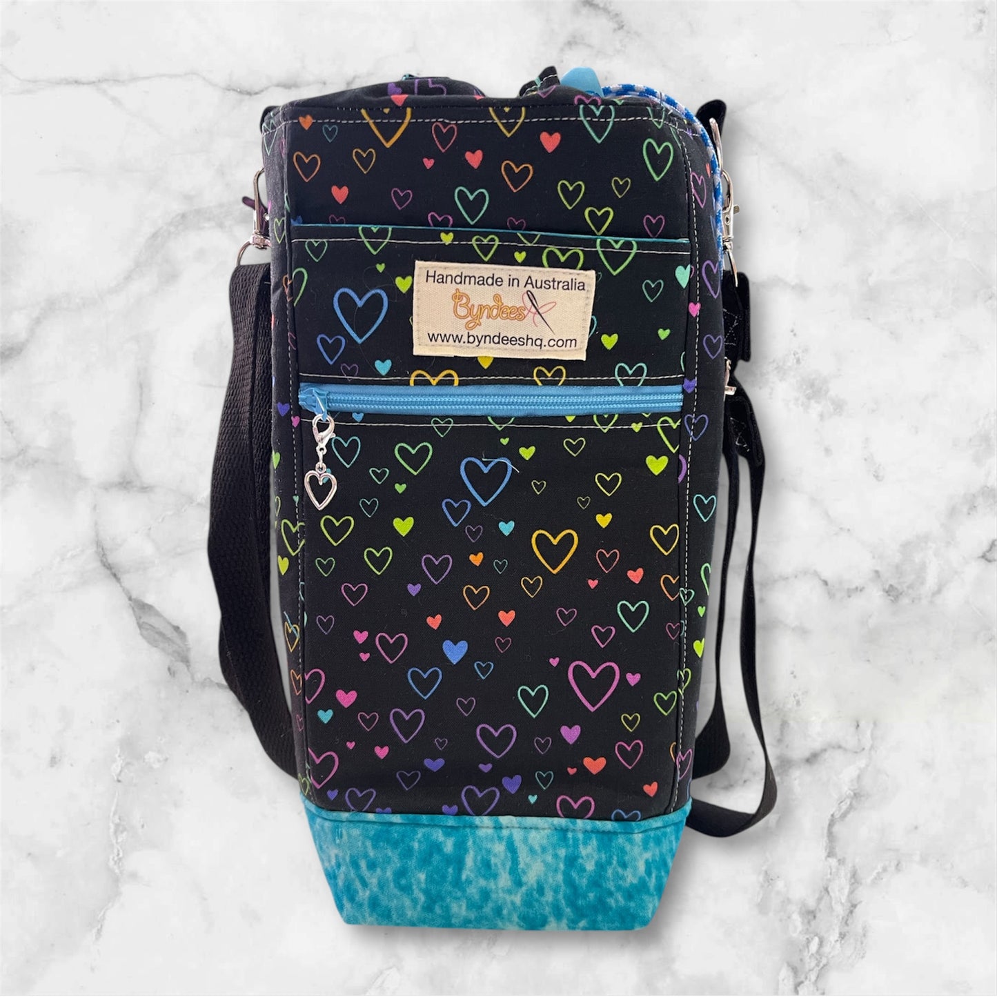 Water Bottle, Phone & Wallet Bag - Coloured Hearts on Black with Lite Blue Lining