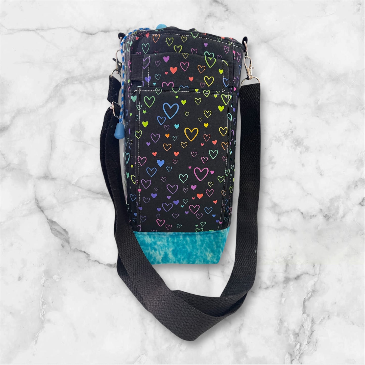 Water Bottle, Phone & Wallet Bag - Coloured Hearts on Black with Lite Blue Lining