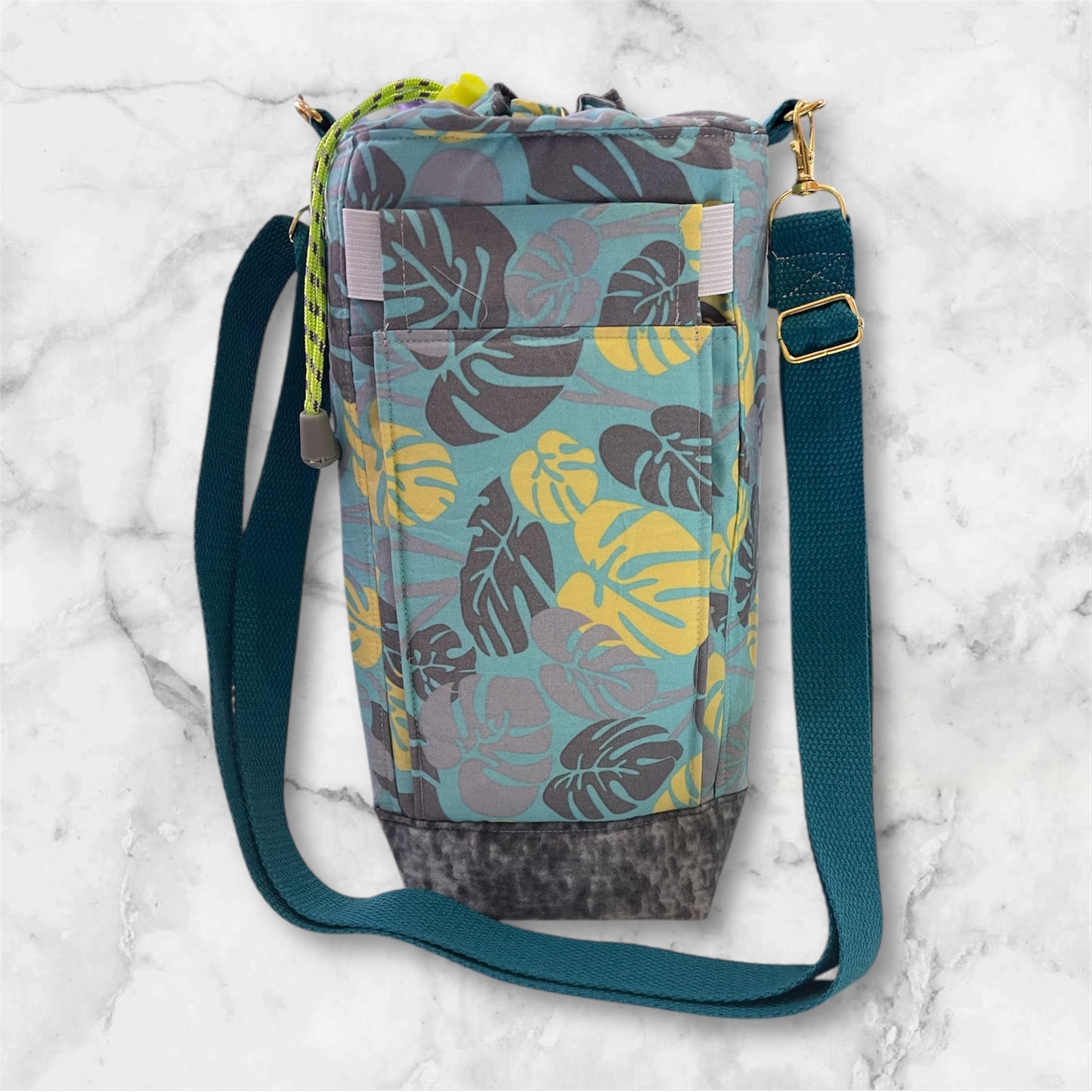 Water Bottle, Phone & Wallet Bag - Grey & Yellow on Green with Grey Lining