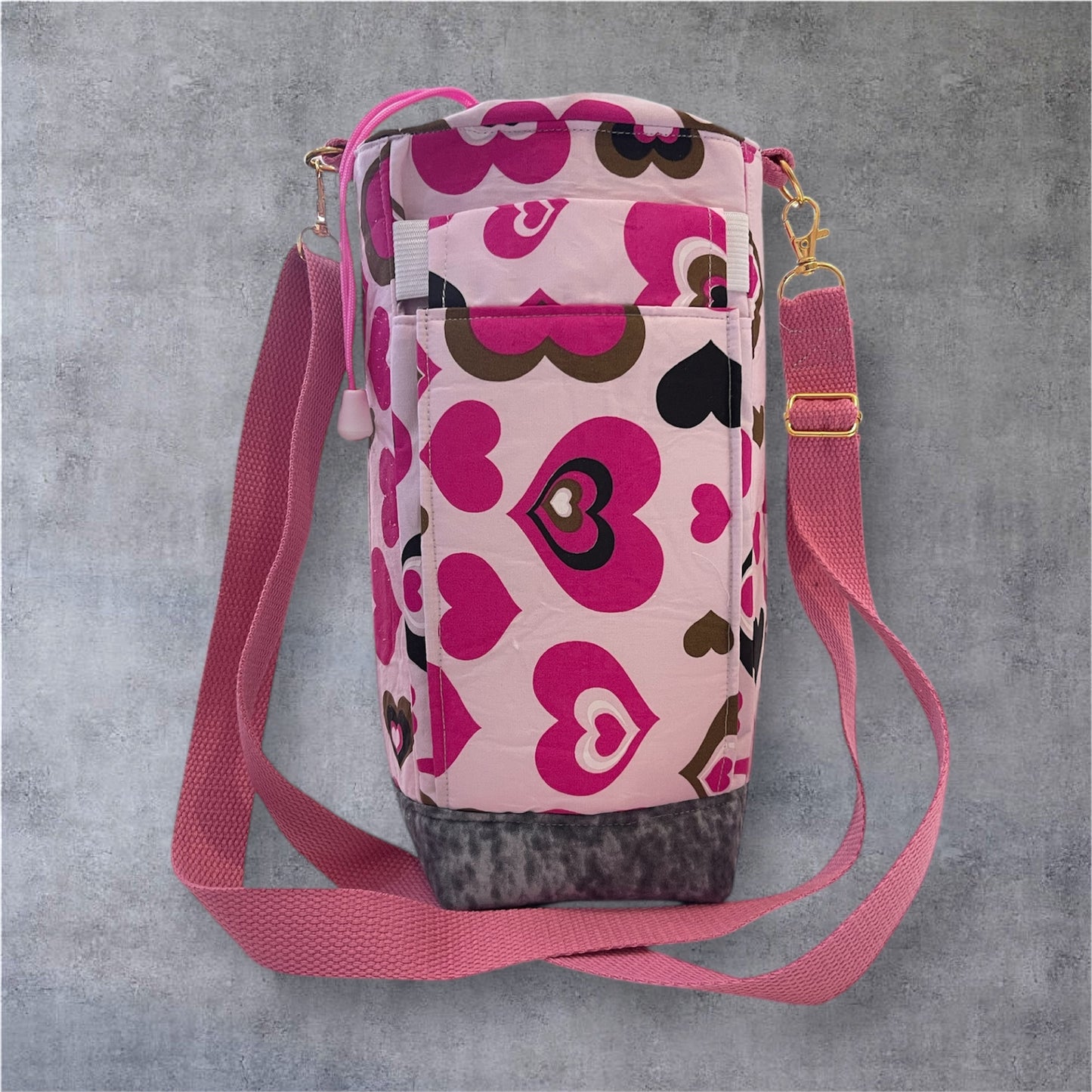 Water Bottle, Phone & Wallet Bag - Pink Hearts with Grey Lining