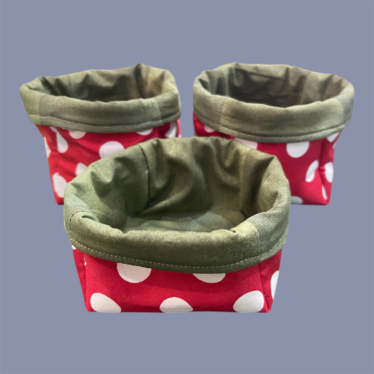 Fabric Boxes - Coloured Red w White Dots with Green Lining