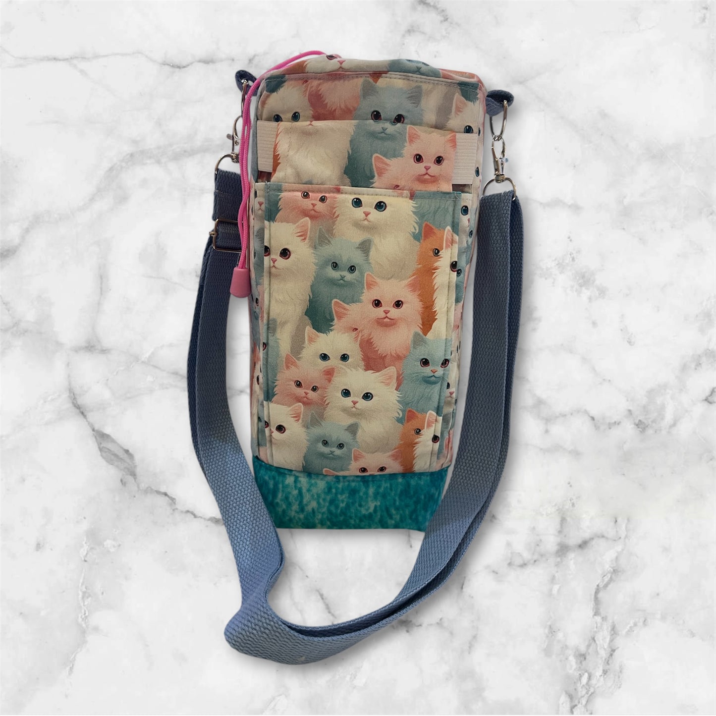 Water Bottle, Phone & Wallet Bag - Pastel Cats with Lite Blue Lining