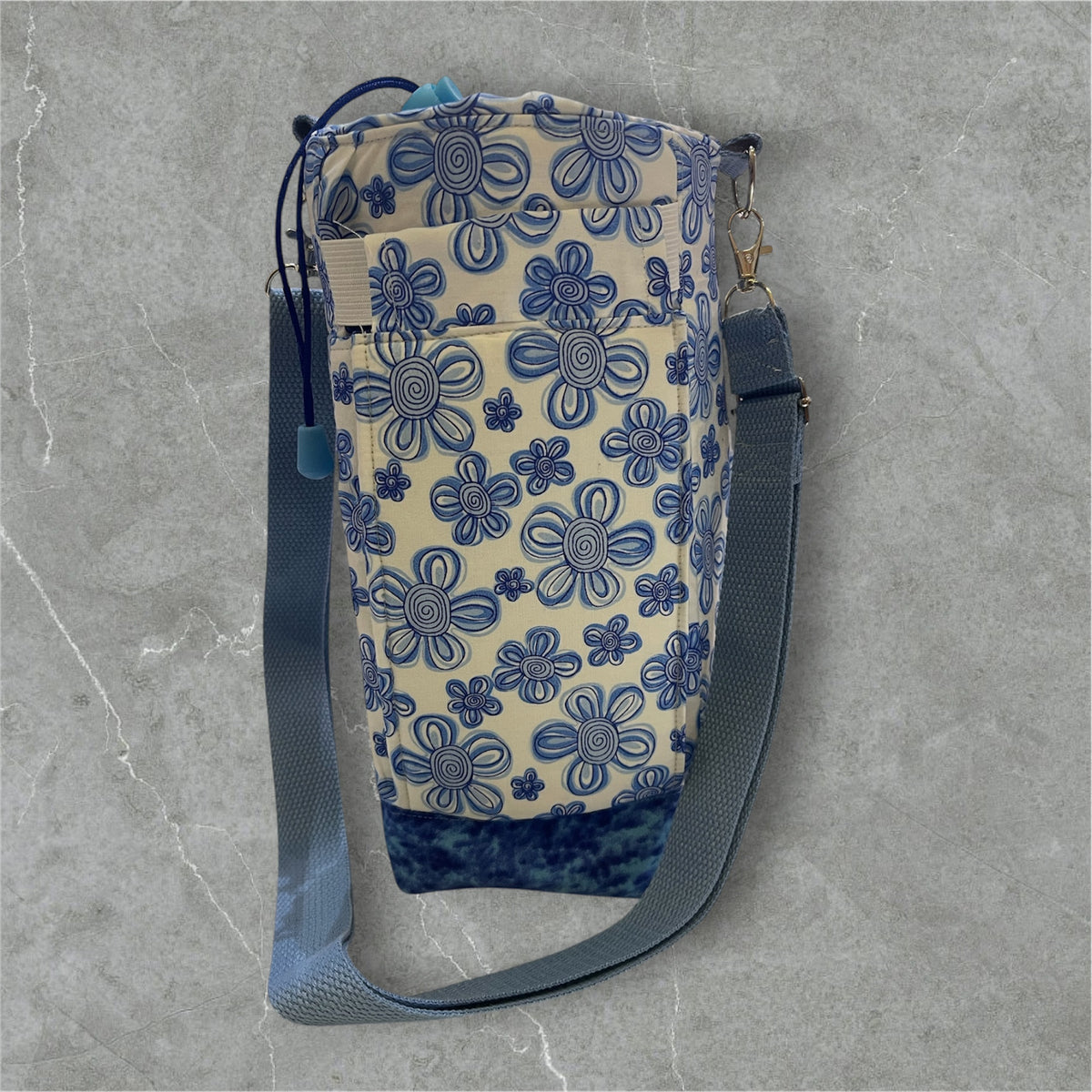 Water Bottle, Phone & Wallet Bag - Funky Blue Flowers with Blue Lining