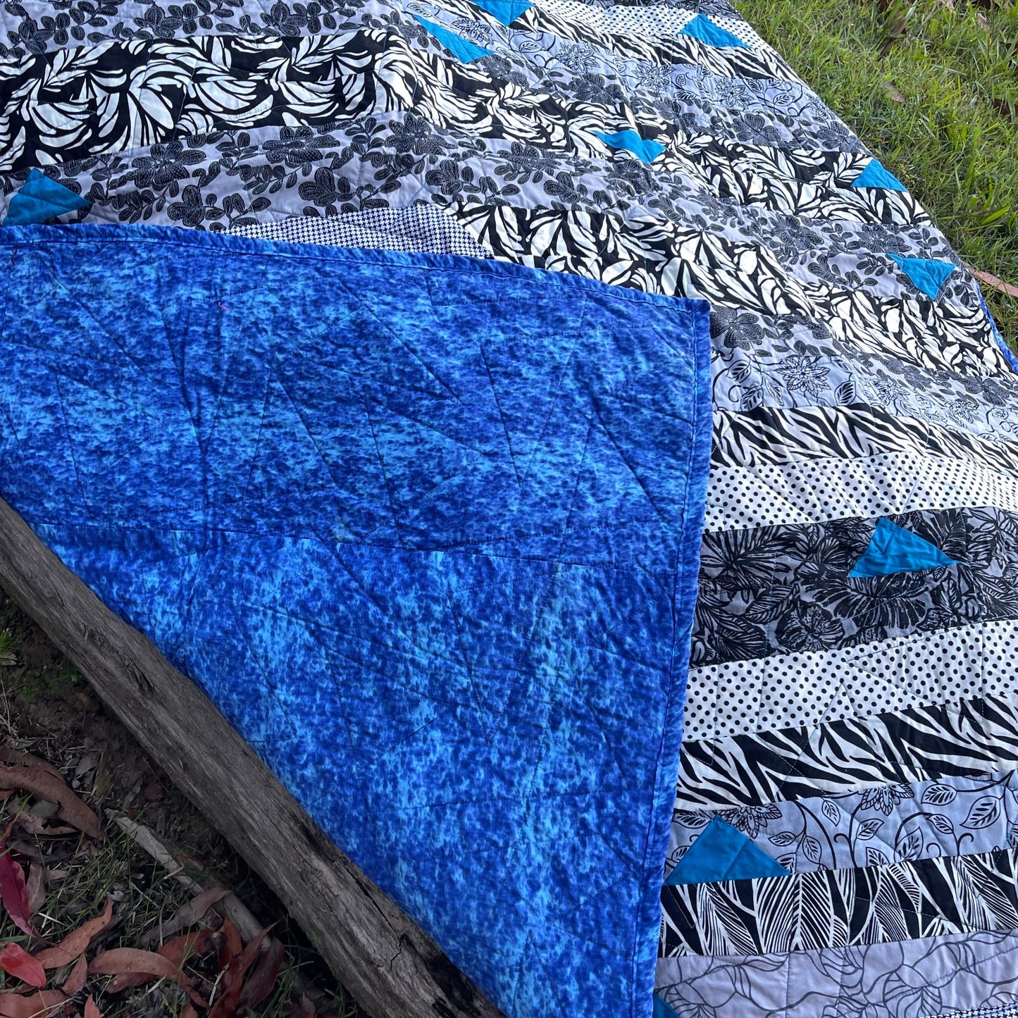 Black & White with Blue Quilt Finished Size 50" x 62" Approx