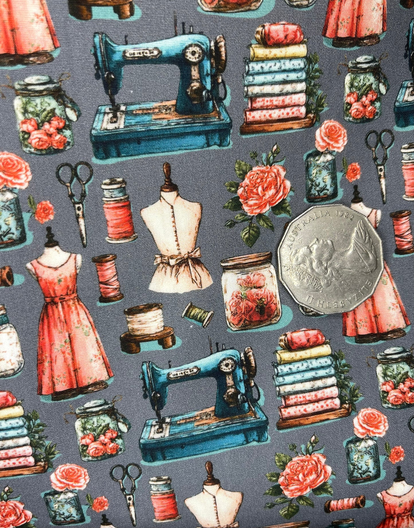 Sewing Machine, Dress, Scissors on Grey