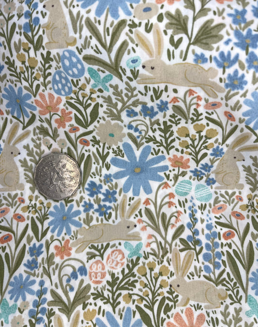 Rabbits and Flowers Blue & Green Tone on White