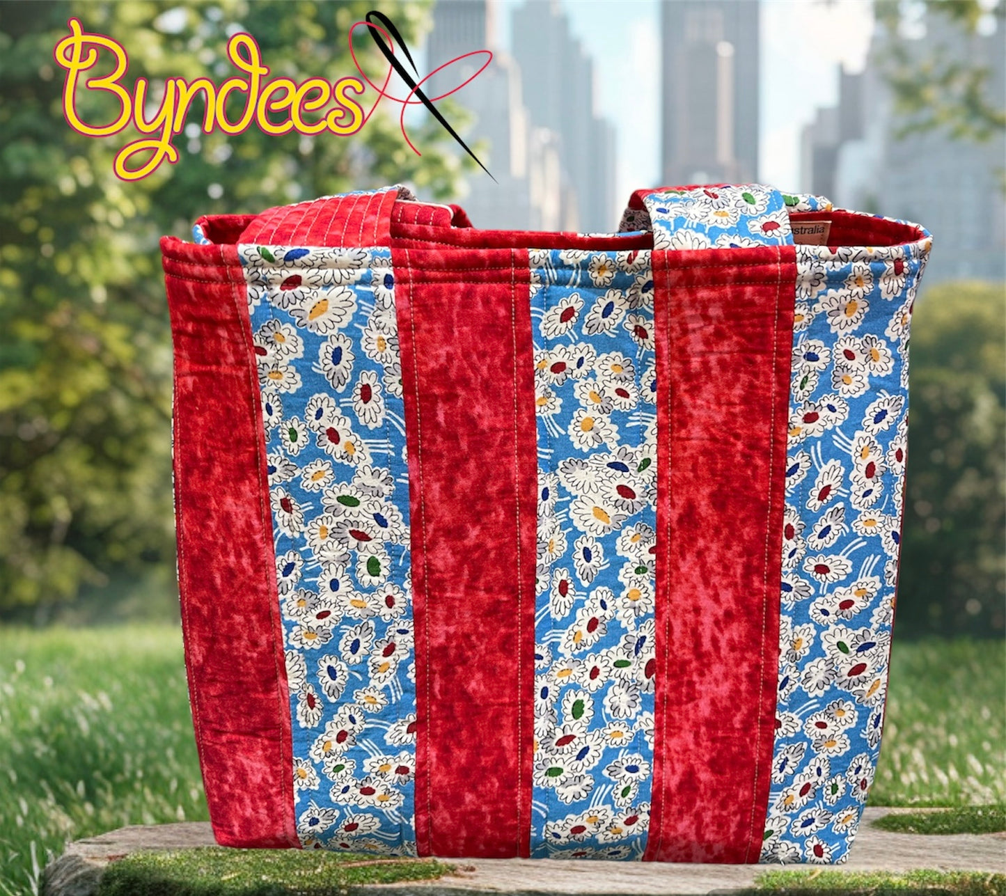 Totally Fun Bag - Cartoon Blue Flowers with Red Lining