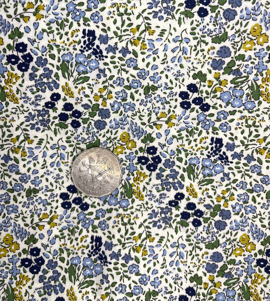 Small Blue & Green Flowers on White