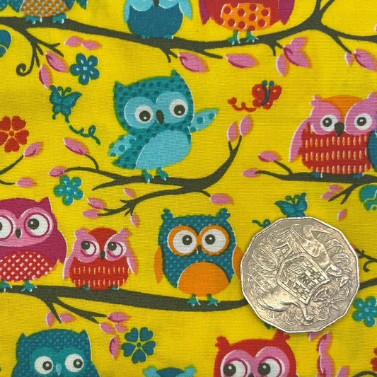 Owls on Branches with Yellow Background