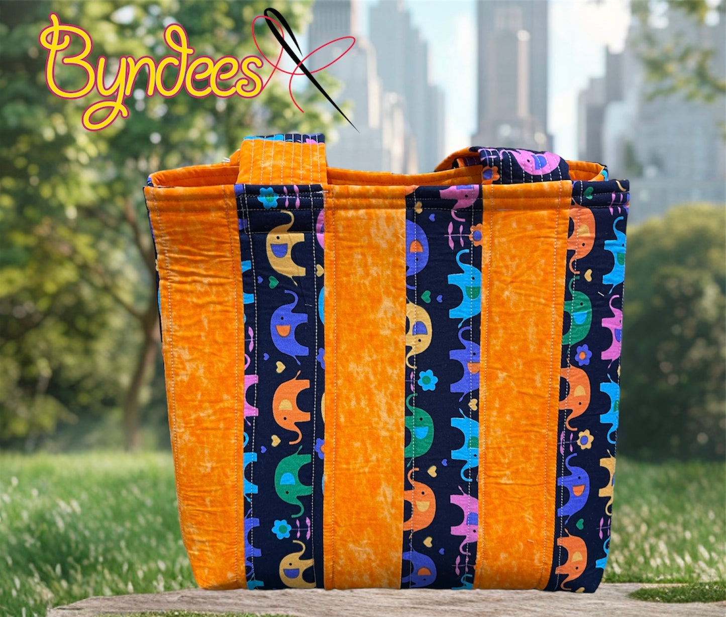 Totally Fun Bag - Bright Elephants with Orange Lining