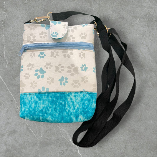 Mobile Phone & Wallet Bag - Paws on White w Lite Blue Lining