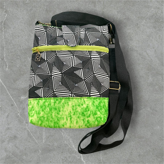 Mobile Phone & Wallet Bag - Black & White Geometric w Green Lining