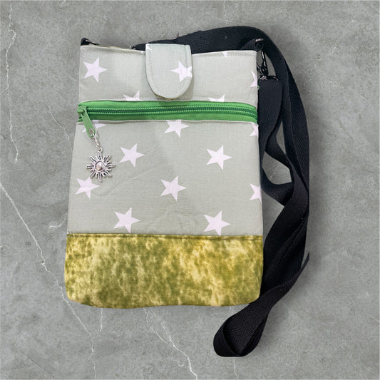 Mobile Phone & Wallet Bag - White Stars on Green w Olive Lining