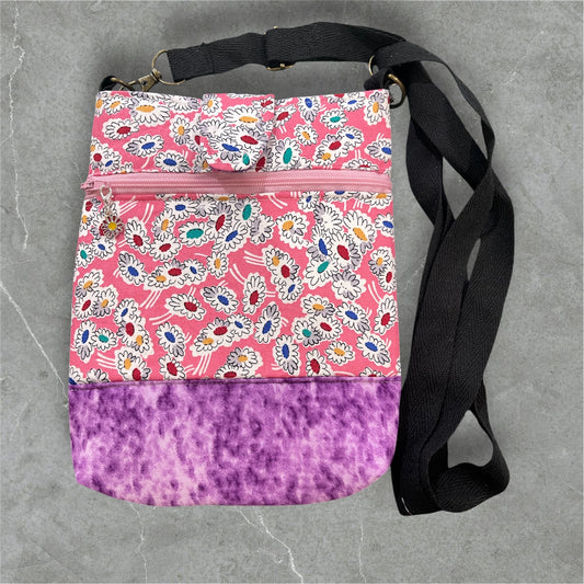 Mobile Phone & Wallet Bag - Cartoon Flowers w Purple Lining