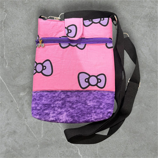 Mobile Phone & Wallet Bag - Purple Bows on Pink w Purple Lining