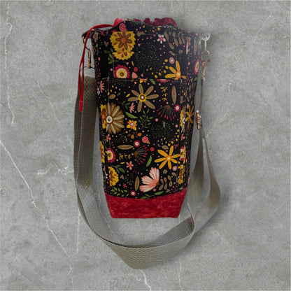 Water Bottle, Phone & Wallet Bag - Bright Flowers on Black with Red Lining