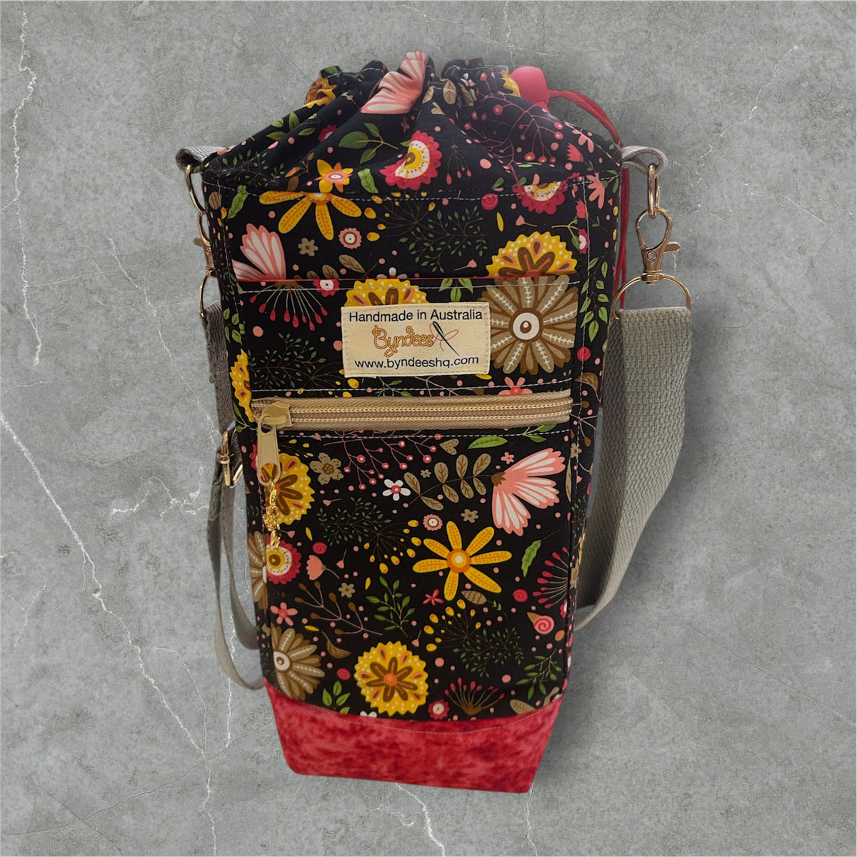 Water Bottle, Phone & Wallet Bag - Bright Flowers on Black with Red Lining